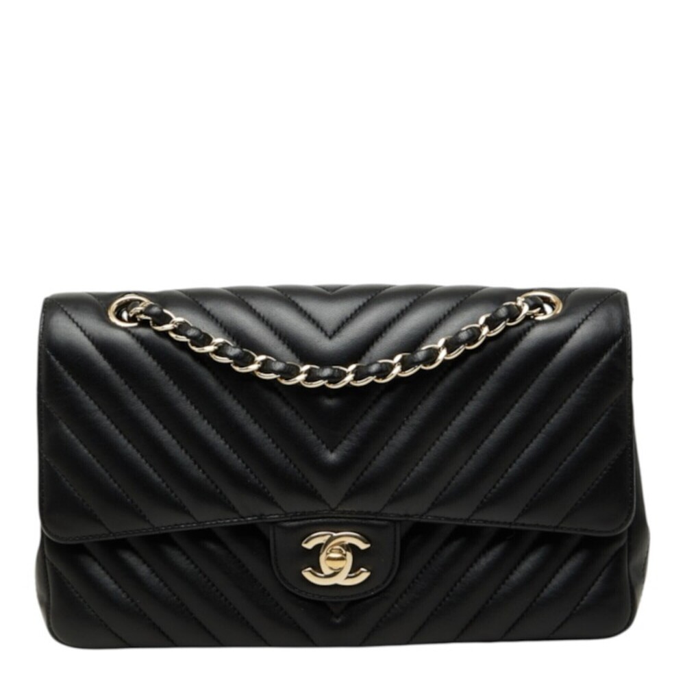Chanel Chevron V-stitch Coco Mark Double Flap Chain Shoulder Bag, Black with ...
